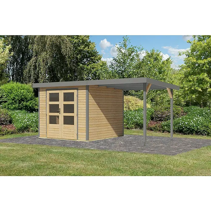 Karibu Gartenhaus Jupiter 3,5 A - Außenmaß inkl. Dachüberstand (B x T): 486,5 x 266,5 cm, Holz, Naturbelassen/Grau, Mit Seitendach - Abbildung eines Holzgartenhauses mit einem kleinen Vordach, das zusätzlichen Schatten spendet und eine funktionale Ergänzung für jeden Garten darstellt.