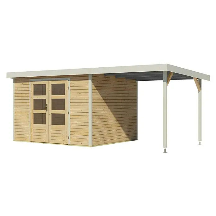 Karibu Gartenhaus Jupiter 5 A - Außenmaß inkl. Dachüberstand (B x T): 541,5 x 266,5 cm, Holz, Naturbelassen/Weiß, Mit Seitendach - Holzgartenhaus mit Doppeltür und überdachter Veranda. Ideal als Geräteschuppen oder Gartenlaube, bietet es zusätzlichen Stauraum und Schutz vor dem Wetter.