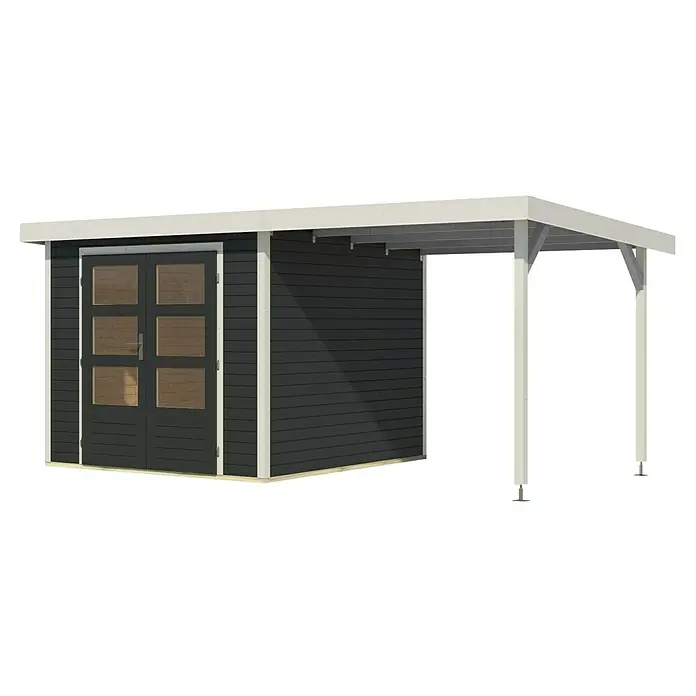 Karibu Gartenhaus Jupiter 3,5 C - Außenmaß inkl. Dachüberstand (B x T): 486,5 x 266,5 cm, Holz, Anthrazit/Weiß, Mit Seitendach - Abbildung eines modernen Gartenhauses mit Flachdach und Doppeltür, ideal für zusätzlichen Stauraum im Freien.