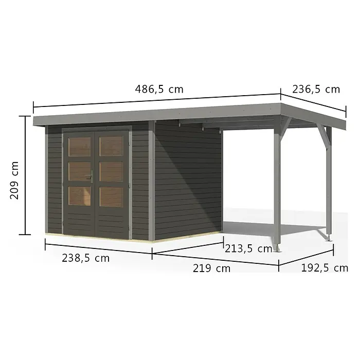 Karibu Gartenhaus Jupiter 3 B - Außenmaß inkl. Dachüberstand (B x T): 486,5 x 236,5 cm, Holz, Terragrau/Grau - Dunkelgraues Holzgartenhaus mit angebautem hellgrauem Carport.