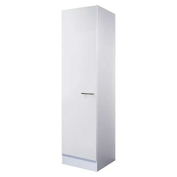 Flex-Well Rom  Geschirrschrank - 57 x 50 x 200 cm, Weiß - Ein moderner weißer Badezimmerschrank mit einem schlichten Griff. Er bietet stilvollen Stauraum und passt perfekt in jedes Badezimmerdesign.