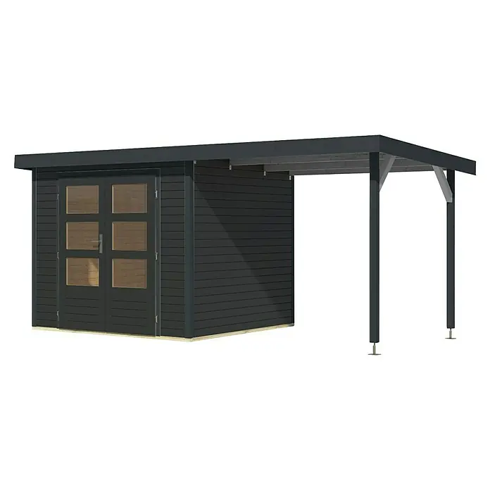 Karibu Gartenhaus Jupiter 3 C - Außenmaß inkl. Dachüberstand (B x T): 486,5 x 236,5 cm, Holz, Anthrazit - Das moderne Gartenhaus mit Anbau bietet zusätzlichen Stauraum und Schutz vor Wind und Wetter im Garten.
