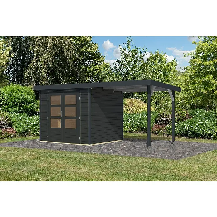 Karibu Gartenhaus Jupiter 3 C - Außenmaß inkl. Dachüberstand (B x T): 486,5 x 236,5 cm, Holz, Anthrazit - Ein modernes, graues Gartenhaus mit Doppeltür und einem kleinen überdachten Bereich. Ideal zur Aufbewahrung von Gartengeräten.