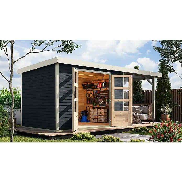 Karibu Gartenhaus Jupiter 4 C - Außenmaß inkl. Dachüberstand (B x T): 541,5 x 236,5 cm, Holz, Anthrazit/Weiß, Mit Seitendach - Blick auf ein modernes Gartenhaus mit geöffneten Türen, das einen organisierten Stauraum bietet.
