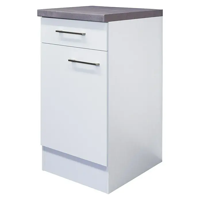 Flex-Well Rom  Küchen-Unterschrank - 60 x 40 x 86 cm, Weiß - Das Foto zeigt einen Küchenschrank mit zwei Schubladen und einer grauen Arbeitsplatte, isoliert auf einem schwarzen Hintergrund.