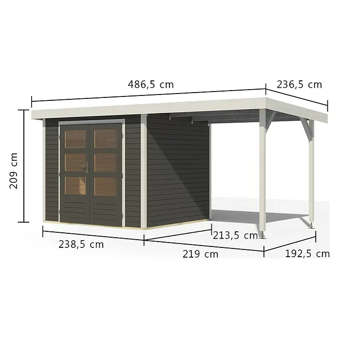 Karibu Gartenhaus Jupiter 3 B - Außenmaß inkl. Dachüberstand (B x T): 486,5 x 236,5 cm, Holz, Terragrau/Weiß - Dunkelgrauer Holzschuppen mit weißer Verkleidung und angebautem Carport. Maße sind angegeben.
