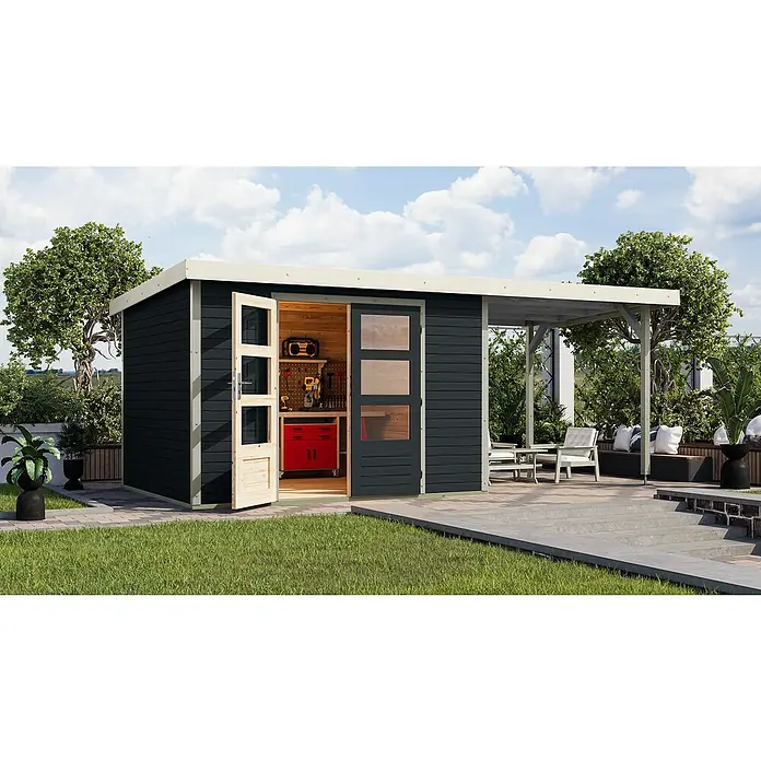 Karibu Gartenhaus Jupiter 5 C - Außenmaß inkl. Dachüberstand (B x T): 541,5 x 266,5 cm, Holz, Anthrazit/Weiß, Mit Seitendach - Abbildung eines modernen Gartenhauses mit Werkstattbereich und angrenzender Terrasse, ideal für Hobby und Entspannung im Freien.