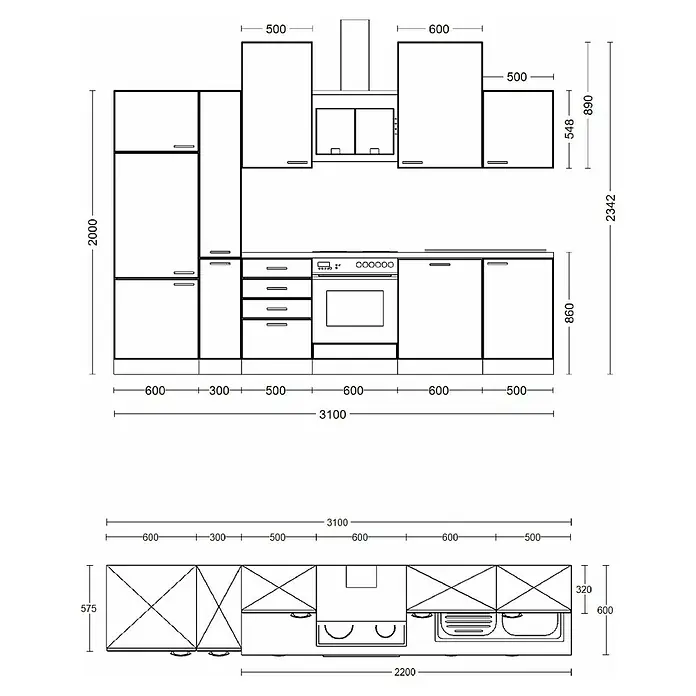 Flex-Well Valero Küchenzeile Typ 6 - Breite: 310 cm, Weiß, Mit Elektrogeräten - Technische Zeichnung einer Küchenschrankanordnung, Vorder- und Draufsicht, mit Maßen für Schränke, Geräte und Gesamtmontage.