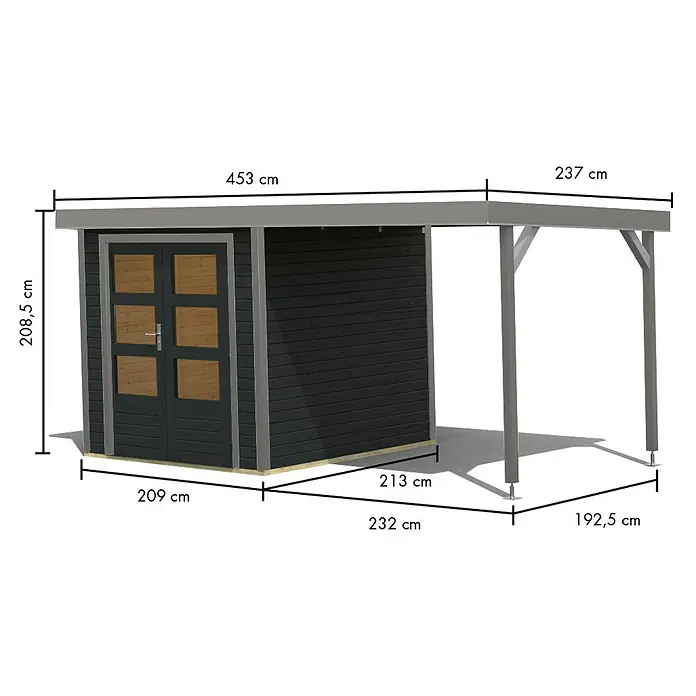 Karibu Gartenhaus Jupiter 2 C - Außenmaß inkl. Dachüberstand (B x T): 453 x 235 cm, Holz, Anthrazit/Wassergrau - Dunkelgraues Holzgartenhaus mit hellem Dach und integriertem Carport zur Lagerung und Unterstand im Freien.