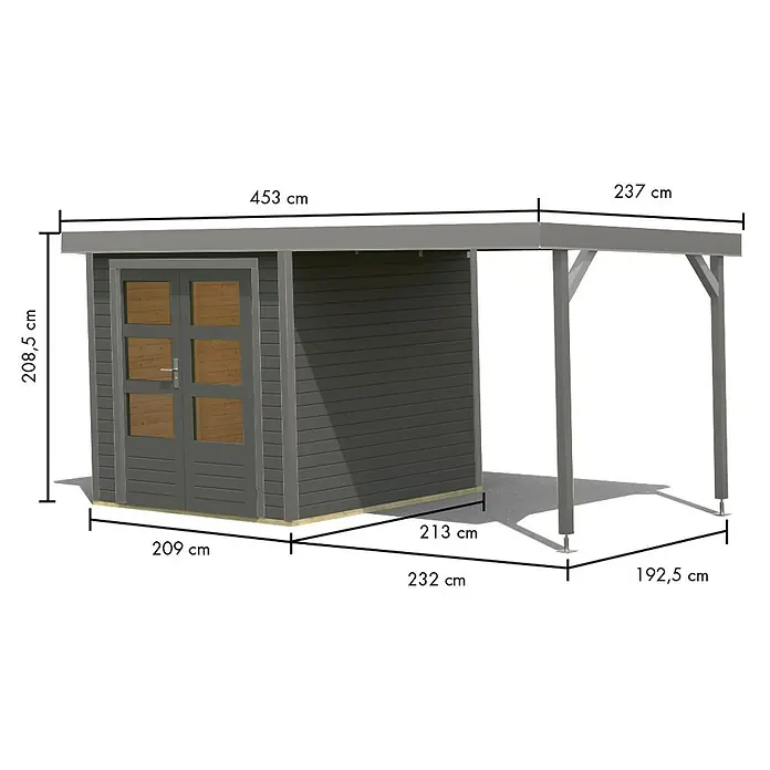 Karibu Gartenhaus Jupiter 2 B - Außenmaß inkl. Dachüberstand (B x T): 453 x 235 cm, Holz, Terragrau/Wassergrau - Anthrazitgraues Holzgartenhaus mit angebautem Carport.