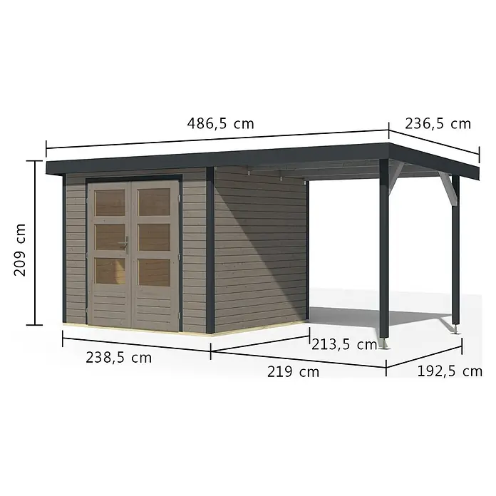 Karibu Gartenhaus Jupiter 3 D - Außenmaß inkl. Dachüberstand (B x T): 486,5 x 236,5 cm, Holz, Wassergrau/Anthrazit - Gartenhaus aus Holz mit dunkelgrauem Dach und integriertem Carport, Doppeltüren und Maßen.