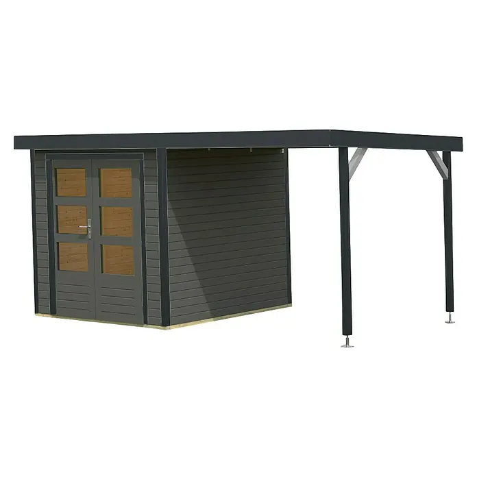 Karibu Gartenhaus Jupiter 2 B - Außenmaß inkl. Dachüberstand (B x T): 453 x 235 cm, Holz, Terragrau/Anthrazit - Stilvolles Gartenhaus mit Doppeltür und überdachtem Bereich, ideal für Entspannung und Lagerung im Freien.