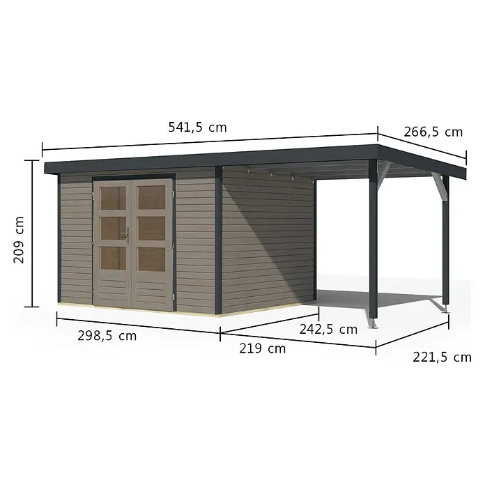 Karibu Gartenhaus Jupiter 5 D - Außenmaß inkl. Dachüberstand (B x T): 541,5 x 266,5 cm, Holz, Wassergrau/Anthrazit, Mit Seitendach - Grauer Holzschuppen mit angebautem dunkelgrauen Carport, inklusive Maße.