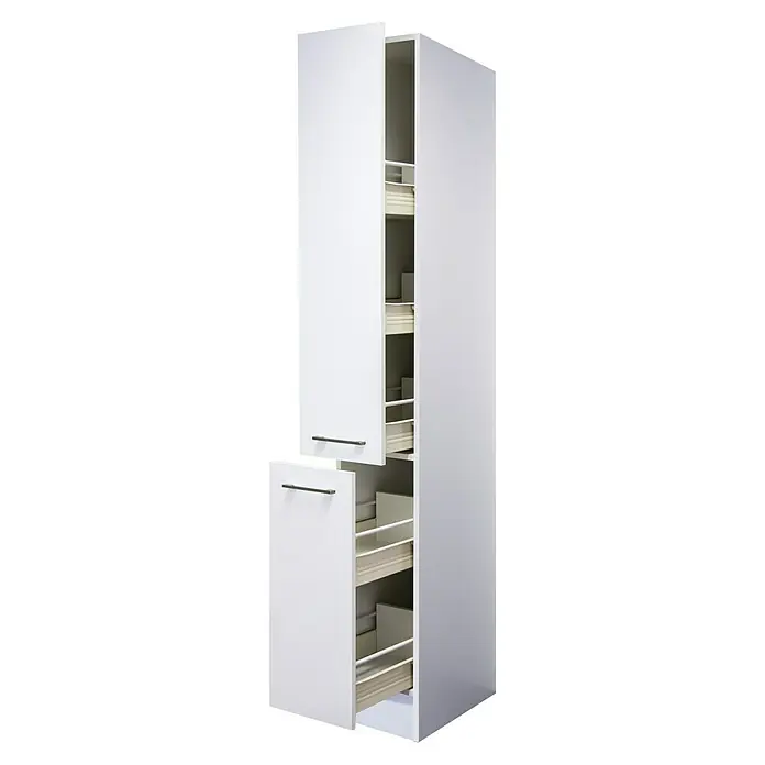 Flex-Well Rom  Apotheker-Hochschrank - 57 x 30 x 200 cm, Weiß - Ausziehbarer Küchenschrank mit mehreren Ebenen und weißen Fronten mit Griffen für optimale Platzausnutzung in der Küche.