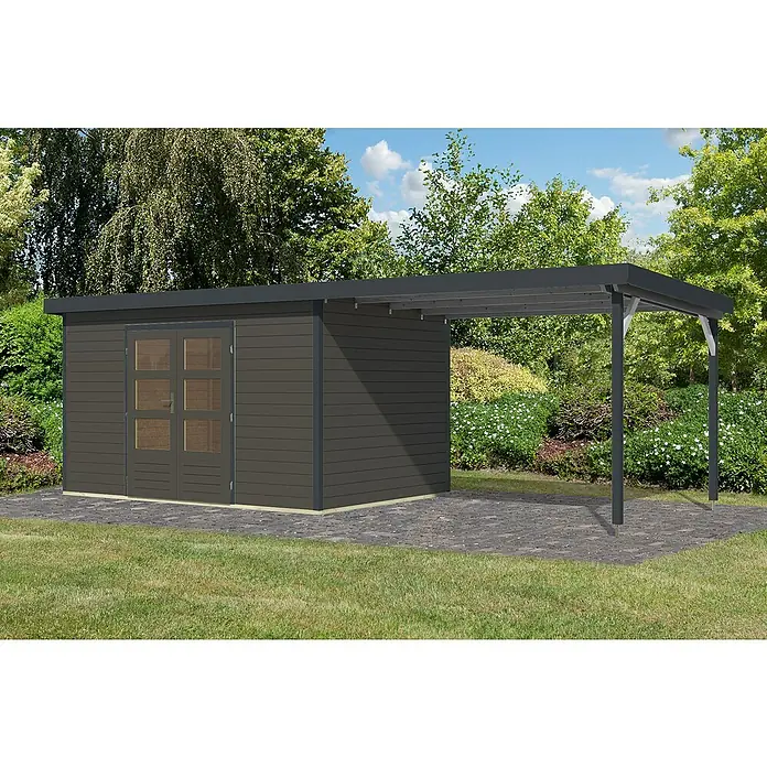 Karibu Gartenhaus Pluto 7 B - Außenmaß inkl. Dachüberstand (B x T): 692,5 x 273 cm, Holz, Terragrau/Anthrazit - Ein modernes Gartenhaus mit Carport-Anbau, ideal für zusätzlichen Stauraum und Wetterschutz im Außenbereich.