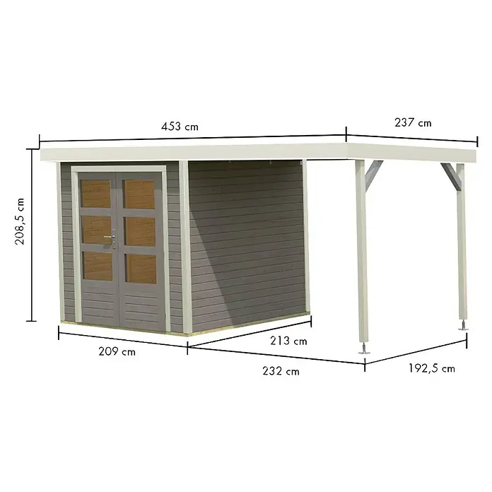 Karibu Gartenhaus Jupiter 2 D - Außenmaß inkl. Dachüberstand (B x T): 453 x 235 cm, Holz, Wassergrau/Weiß - Bild eines grauen Gartenhauses mit weißen Akzenten und Maßangaben, das die Abmessungen des Produkts hervorhebt.