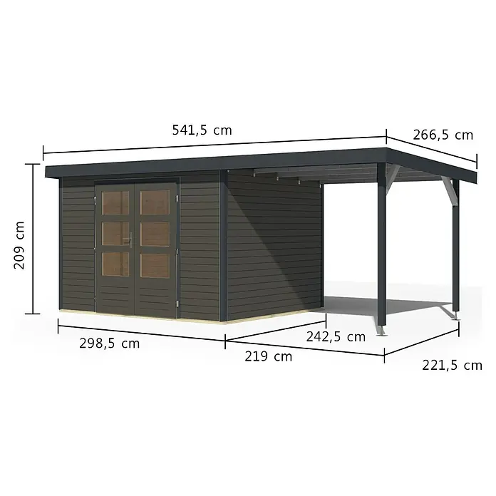 Karibu Gartenhaus Jupiter 5 B - Außenmaß inkl. Dachüberstand (B x T): 541,5 x 266,5 cm, Holz, Terragrau/Anthrazit, Mit Seitendach - Anthrazitfarbenes Gartenhaus mit Doppeltür und integriertem Carport.