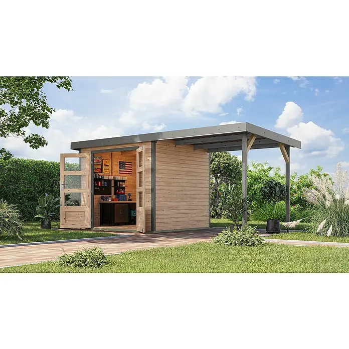 Karibu Gartenhaus Jupiter 3 A - Außenmaß inkl. Dachüberstand (B x T): 486,5 x 236,5 cm, Holz, Naturbelassen/Grau - Ein modernes Gartenhaus mit Carport-Anbau, ideal für Hobby und Entspannung im Freien. Die offenen Türen geben Einblick in einen Werkstattbereich.