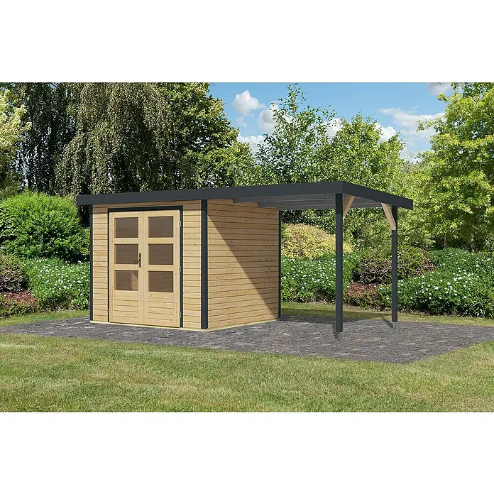 Karibu Gartenhaus Jupiter 3 A - Außenmaß inkl. Dachüberstand (B x T): 486,5 x 236,5 cm, Holz, Naturbelassen/Anthrazit - Holzschuppen mit Vordach, ideal für Gartenutensilien und als Unterstand. Praktische Aufbewahrung mit Stil für den Außenbereich.