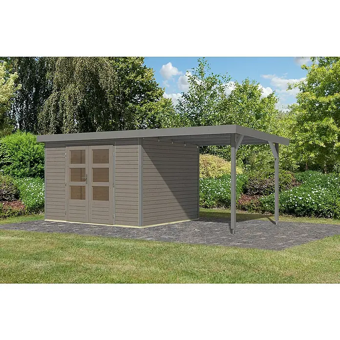 Karibu Gartenhaus Jupiter 5 D - Außenmaß inkl. Dachüberstand (B x T): 541,5 x 266,5 cm, Holz, Wassergrau/Grau, Mit Seitendach - Das Bild zeigt ein modernes Gartenhaus mit einem angebauten Carport, ideal für zusätzlichen Stauraum und Wetterschutz im Garten.