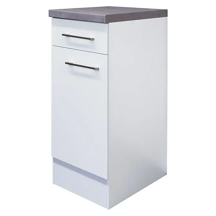 Flex-Well Rom  Küchen-Unterschrank - 60 x 30 x 86 cm, Weiß - Ein weißer Badezimmerschrank mit zwei Schubladen und grauer Arbeitsplatte, ideal für moderne Badezimmer. Er bietet praktischen Stauraum.