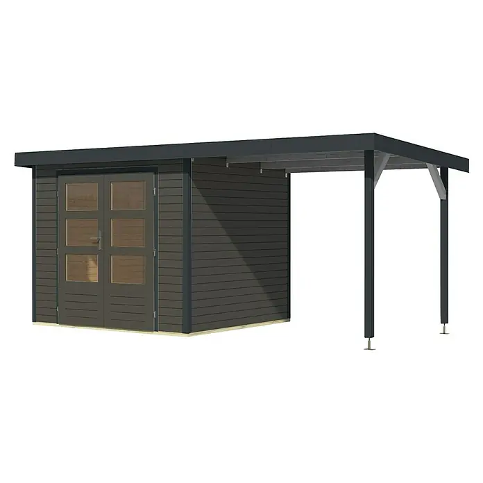 Karibu Gartenhaus Jupiter 3 B - Außenmaß inkl. Dachüberstand (B x T): 486,5 x 236,5 cm, Holz, Terragrau/Anthrazit - Ein stilvolles Gartenhaus mit integriertem Carport, ideal für zusätzlichen Stauraum und Schutz für Ihr Fahrzeug oder Gartengeräte.