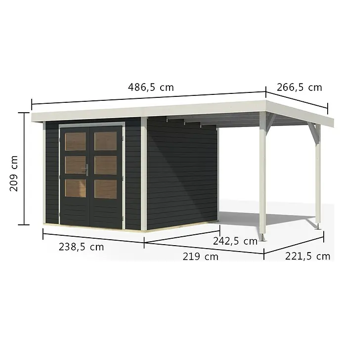 Karibu Gartenhaus Jupiter 3,5 C - Außenmaß inkl. Dachüberstand (B x T): 486,5 x 266,5 cm, Holz, Anthrazit/Weiß, Mit Seitendach - Dunkelgraues Gartenhaus mit hellen Akzenten und angefügtem Holzcarport, Maße dargestellt.