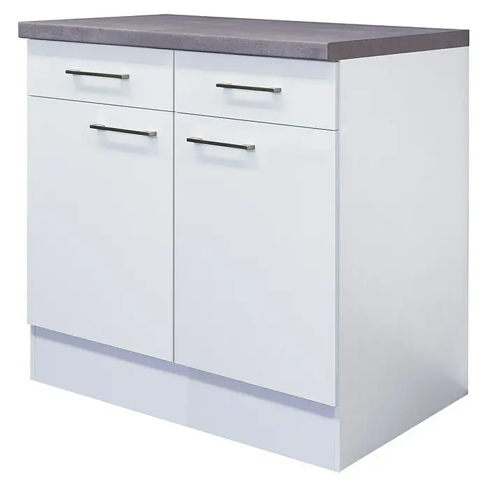 Flex-Well Rom  Küchen-Unterschrank - 60 x 80 x 86 cm, Weiß - Weißer Unterschrank mit vier Schubladen und einer grauen Arbeitsplatte. Die Schubladen haben horizontale Griffe.