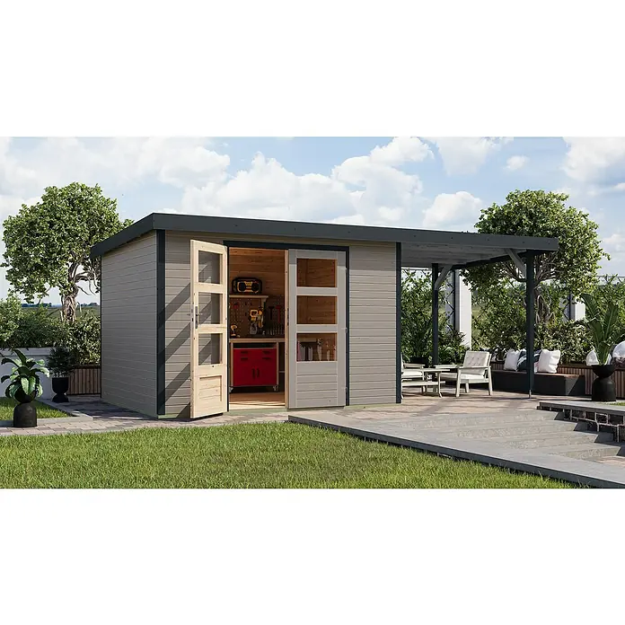 Karibu Gartenhaus Jupiter 5 D - Außenmaß inkl. Dachüberstand (B x T): 541,5 x 266,5 cm, Holz, Wassergrau/Anthrazit, Mit Seitendach - Modernes Gartenhaus mit offenem Anbau und Werkstattbereich im Inneren, ideal für Hobbygärtner und Heimwerker zur Lagerung und als Arbeitsraum.
