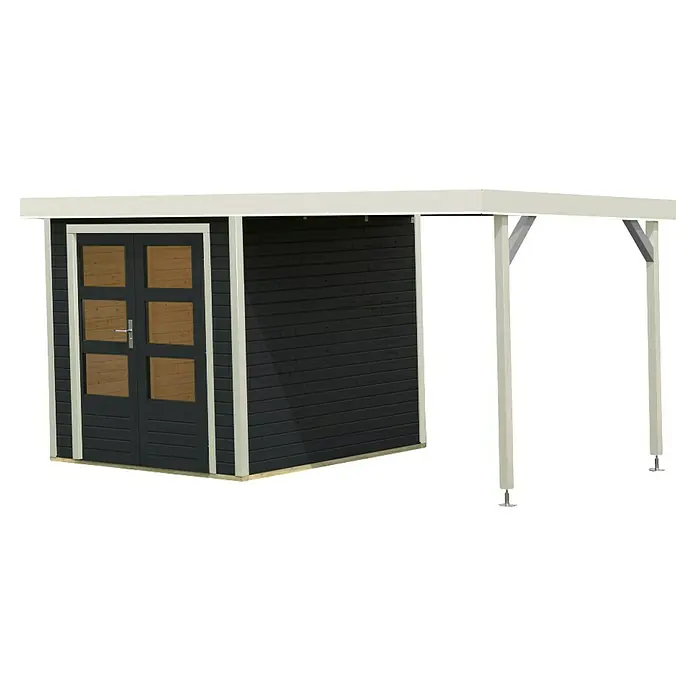Karibu Gartenhaus Jupiter 2 C - Außenmaß inkl. Dachüberstand (B x T): 453 x 235 cm, Holz, Anthrazit/Weiß - Abbildung eines Gartenhauses mit Vordach. Das Gartenhaus ist dunkel mit weißen Akzenten und hat eine Doppeltür mit Holzfenstern.
