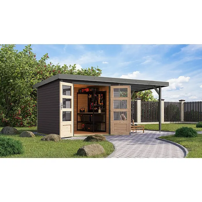 Karibu Gartenhaus Jupiter 3,5 B - Außenmaß inkl. Dachüberstand (B x T): 486,5 x 266,5 cm, Holz, Terragrau/Grau, Mit Seitendach - Geräumiges Gartenhaus mit offenem Design, ideal für Werkzeuge und Gartenzubehör. Moderne Optik mit viel Stauraum und überdachtem Außenbereich.