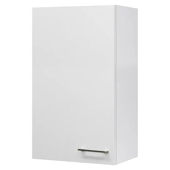 Flex-Well Rom  Küchen-Hängeschrank - 32 x 50 x 89 cm, Weiß - Nahaufnahme eines weißen Wandschranks mit einem Griff, der moderne und minimalistische Ästhetik für stilvolle Aufbewahrungslösungen bietet.