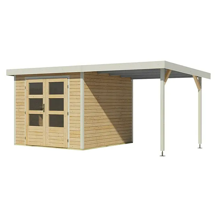 Karibu Gartenhaus Jupiter 3,5 A - Außenmaß inkl. Dachüberstand (B x T): 486,5 x 266,5 cm, Holz, Naturbelassen/Weiß, Mit Seitendach - Holzgartenhaus mit Doppeltür und Anbau mit heller Holzverkleidung und hellen Akzenten, ideal für den Garten.