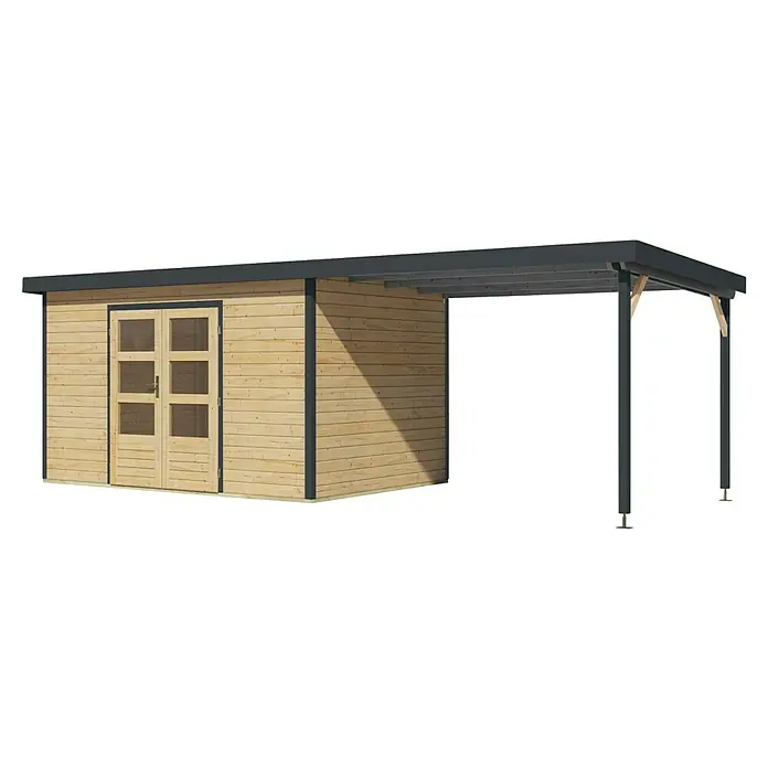 Karibu Gartenhaus Pluto 7 A - Außenmaß inkl. Dachüberstand (B x T): 692,5 x 273 cm, Holz, Naturbelassen/Anthrazit - Abbildung eines Gartenhauses mit integriertem Carport in naturbelassener Holzoptik und einem modernen anthrazitfarbenen Rahmen, ideal für jeden Garten.