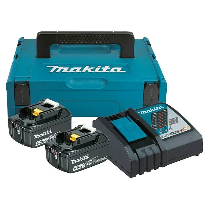Makita LXT 18V Taladro atornillador de batería DDF485 - 18 V, 2 baterías, 5 Ah, 50 Nm - Juego de herramientas eléctricas Makita con dos baterías, un cargador y un estuche de almacenamiento.