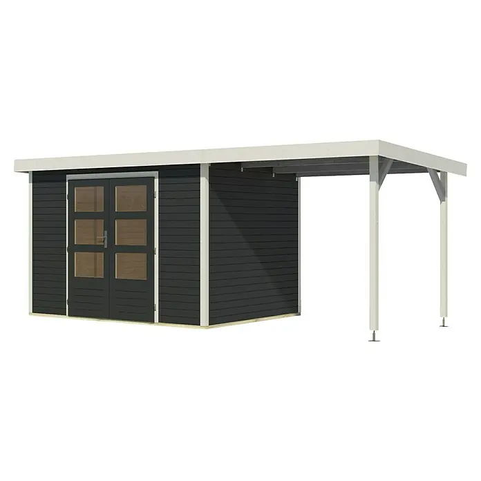 Karibu Gartenhaus Jupiter 4 C - Außenmaß inkl. Dachüberstand (B x T): 541,5 x 236,5 cm, Holz, Anthrazit/Weiß, Mit Seitendach - Das Bild zeigt ein Gartenhaus mit einer Überdachung. Das Gartenhaus ist dunkelgrau und hat weiße Akzente. Die Überdachung wird von weißen Pfosten getragen.