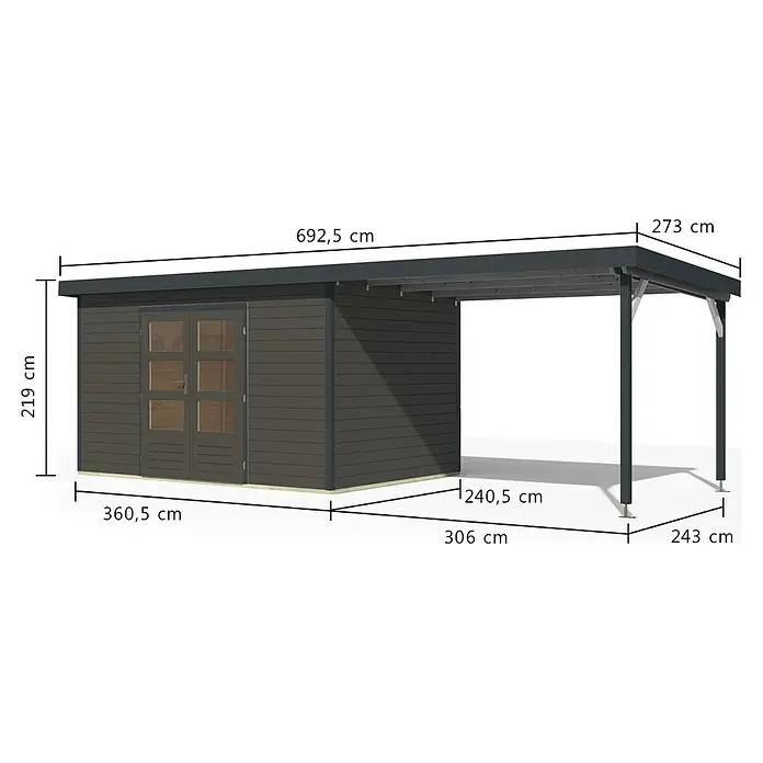 Karibu Gartenhaus Pluto 7 B - Außenmaß inkl. Dachüberstand (B x T): 692,5 x 273 cm, Holz, Terragrau/Anthrazit - Dunkelgraues Holzgartenhaus mit integriertem Carport und Flachdach. Maße sind dargestellt.
