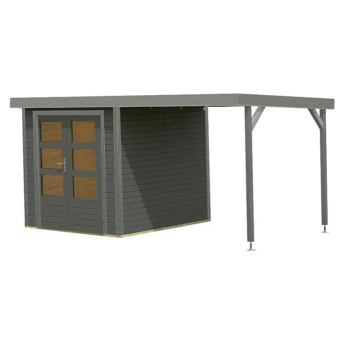 Karibu Gartenhaus Jupiter 2 B - Außenmaß inkl. Dachüberstand (B x T): 453 x 235 cm, Holz, Terragrau/Wassergrau - Graues Gartenhaus mit Doppeltür und seitlichem Anbau. Das Haus ist aus Holz und hat ein Flachdach. Perfekt für den Garten!