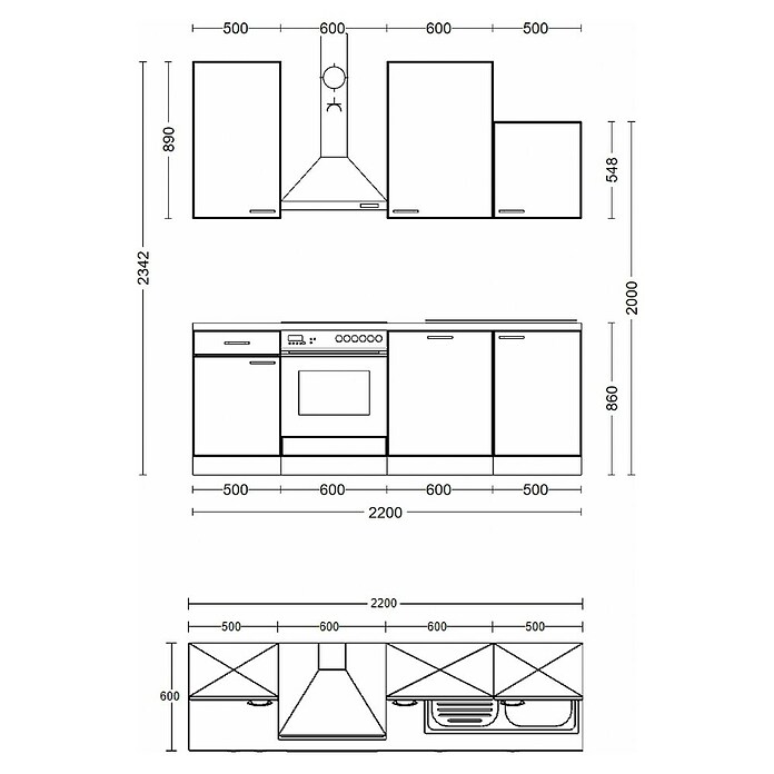 Flex-Well Turin Küchenzeile Typ 1 (Breite: 220 cm, Höhe: 234 cm, Anthrazit, Mit Elektrogeräten) | BAUHAUS