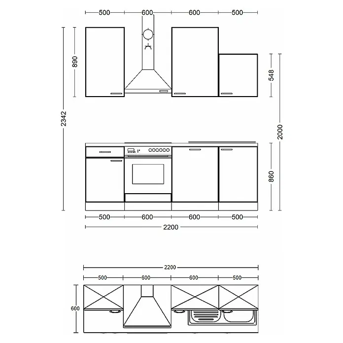 Flex-Well Valero Küchenzeile Typ 1 - Breite: 220 cm, Höhe: 234 cm, Weiß, Mit Elektrogeräten - Küchenschrankplan mit Ober- und Unterschränken, Geräten und Spüle, Maße detailliert.
