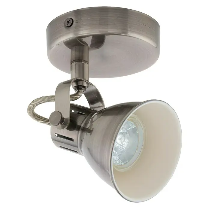 Eglo LED-Wandstrahler Seras - 3,3 W, Creme, Nickel Antik, Warmweiß - Nahaufnahme einer stilvollen, gebürsteten Nickel-Deckenleuchte mit verstellbarem Spot und weißem Innenraum für moderne Akzentbeleuchtung.