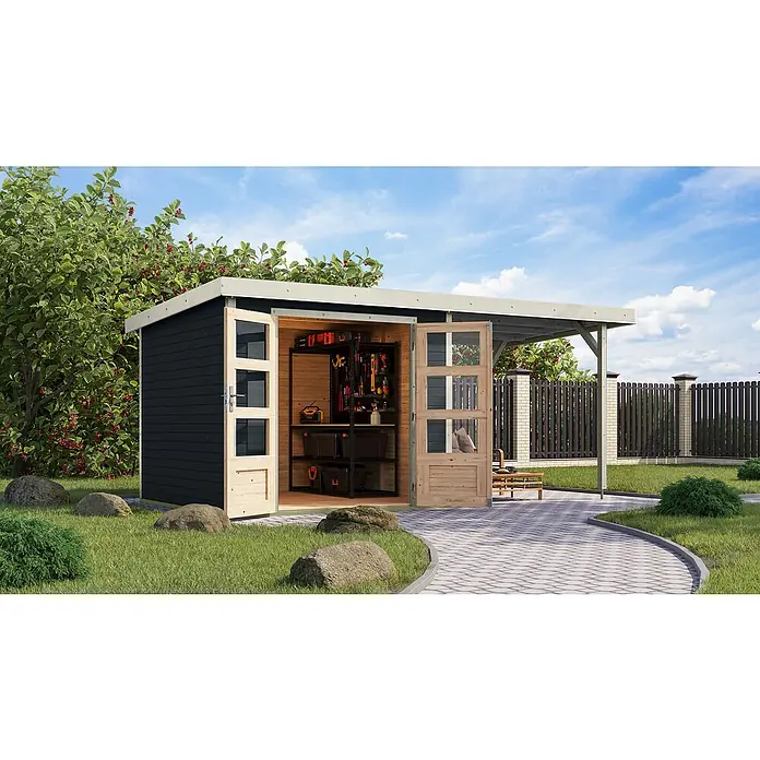 Karibu Gartenhaus Jupiter 3,5 C - Außenmaß inkl. Dachüberstand (B x T): 486,5 x 266,5 cm, Holz, Anthrazit/Weiß, Mit Seitendach - Ein modernes Gartenhaus mit Geräteschuppen und integriertem Unterstand, ideal für Gartenarbeit und als stilvoller Stauraum im Außenbereich.
