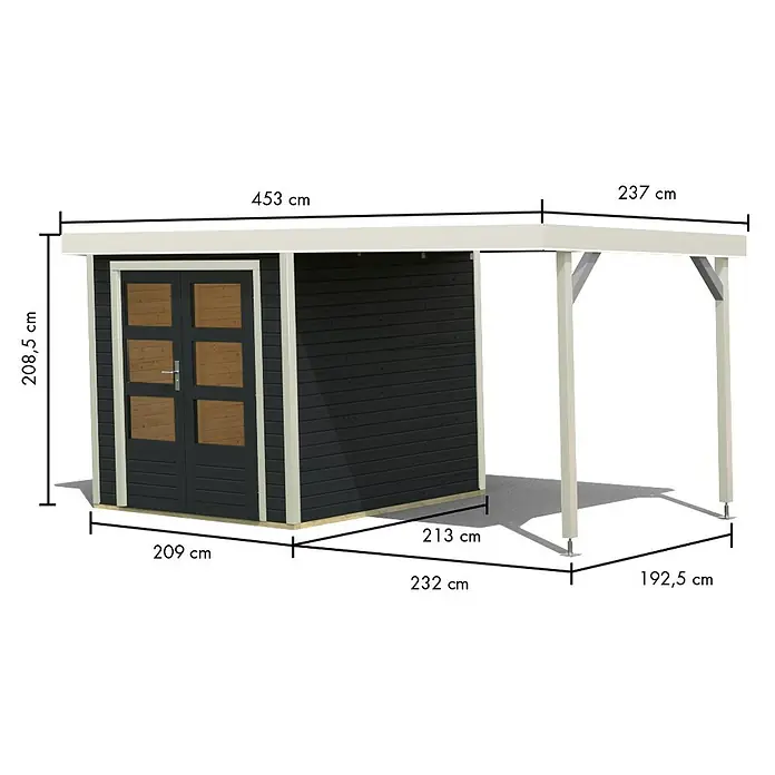 Karibu Gartenhaus Jupiter 2 C - Außenmaß inkl. Dachüberstand (B x T): 453 x 235 cm, Holz, Anthrazit/Weiß - Schwarzes Gartenhaus mit heller Verkleidung und angefügtem Carport, mit Maßen.
