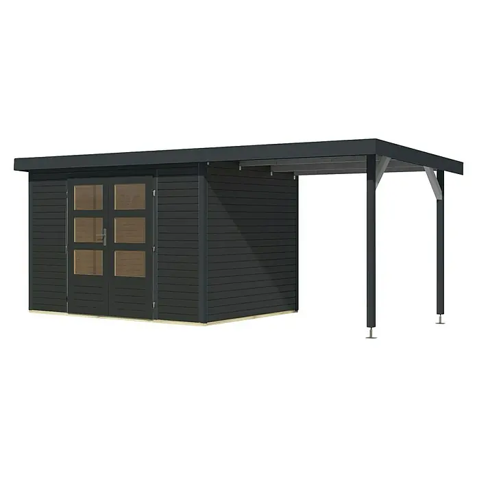 Karibu Gartenhaus Jupiter 4 C - Außenmaß inkl. Dachüberstand (B x T): 541,5 x 236,5 cm, Holz, Anthrazit, Mit Seitendach - Modernes Gartenhaus mit seitlichem Carport-Anbau in dunklem Farbton, ideal für stilvolle Gartengestaltung und zusätzlichen Stauraum.