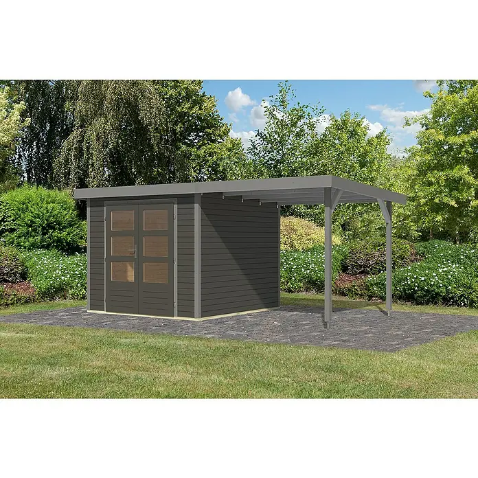 Karibu Gartenhaus Jupiter 3,5 B - Außenmaß inkl. Dachüberstand (B x T): 486,5 x 266,5 cm, Holz, Terragrau/Grau, Mit Seitendach - Dieses Bild zeigt ein modernes Gartenhaus mit integriertem Carport, ideal für die stilvolle Aufbewahrung und den Schutz von Fahrzeugen.