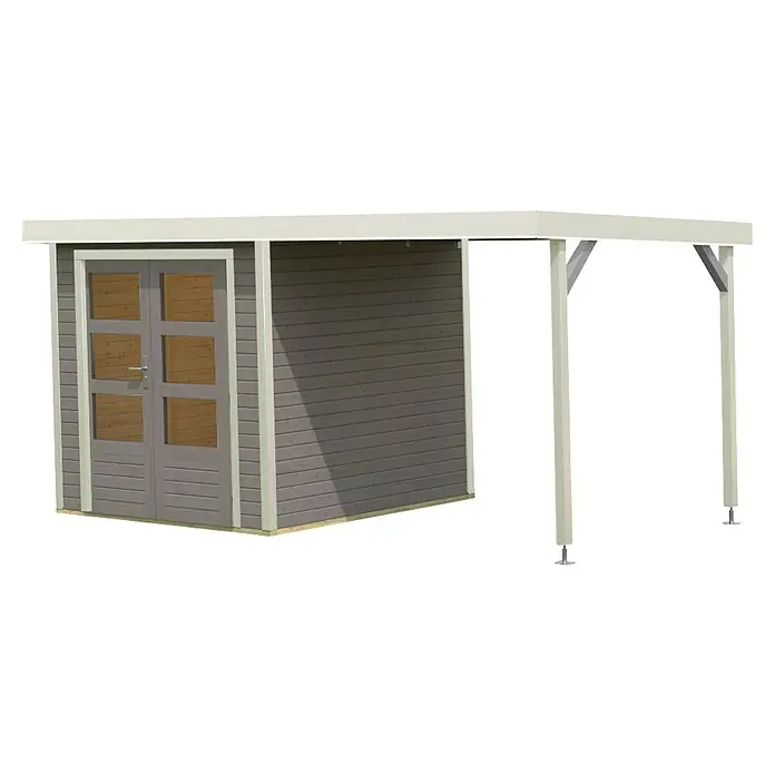Karibu Gartenhaus Jupiter 2 D - Außenmaß inkl. Dachüberstand (B x T): 453 x 235 cm, Holz, Wassergrau/Weiß - Abbildung eines Gartenhauses mit Anbau. Das Holzhaus in Grau ist mit einer Doppeltür mit Fenstern und einer weißen Umrandung versehen.