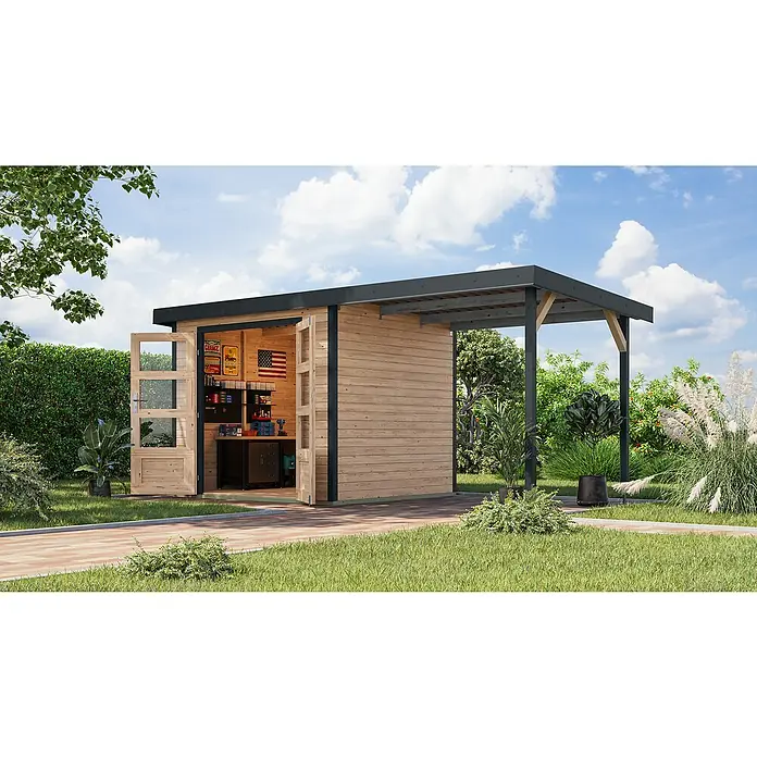 Karibu Gartenhaus Jupiter 3 A - Außenmaß inkl. Dachüberstand (B x T): 486,5 x 236,5 cm, Holz, Naturbelassen/Anthrazit - Eine moderne Gartenlaube aus Holz mit offenem Design und einem seitlichen Unterstand, ideal für entspannte Stunden im Freien.