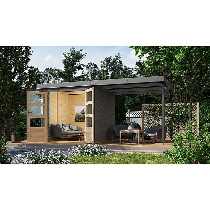 Karibu Gartenhaus Jupiter 2 B - Außenmaß inkl. Dachüberstand (B x T): 453 x 235 cm, Holz, Terragrau/Wassergrau - Ein modernes Gartenhaus mit offenem Bereich. Die Konstruktion bietet einen stilvollen Rückzugsort im Grünen.