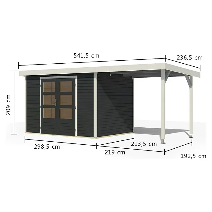 Karibu Gartenhaus Jupiter 4 C - Außenmaß inkl. Dachüberstand (B x T): 541,5 x 236,5 cm, Holz, Anthrazit/Weiß, Mit Seitendach - Dunkelgrauer Holzschuppen mit weißem Rand und angebautem Carport, Maße angegeben.