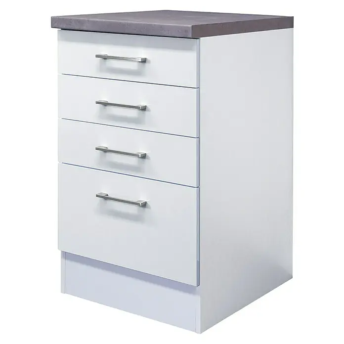 Flex-Well Rom  Unterschrank - 60 x 50 x 86 cm, Weiß, 3 Schubkästen - Schrank mit vier Schubladen und einer grauen Arbeitsplatte. Der Schrank ist weiß und hat silberne Griffe.